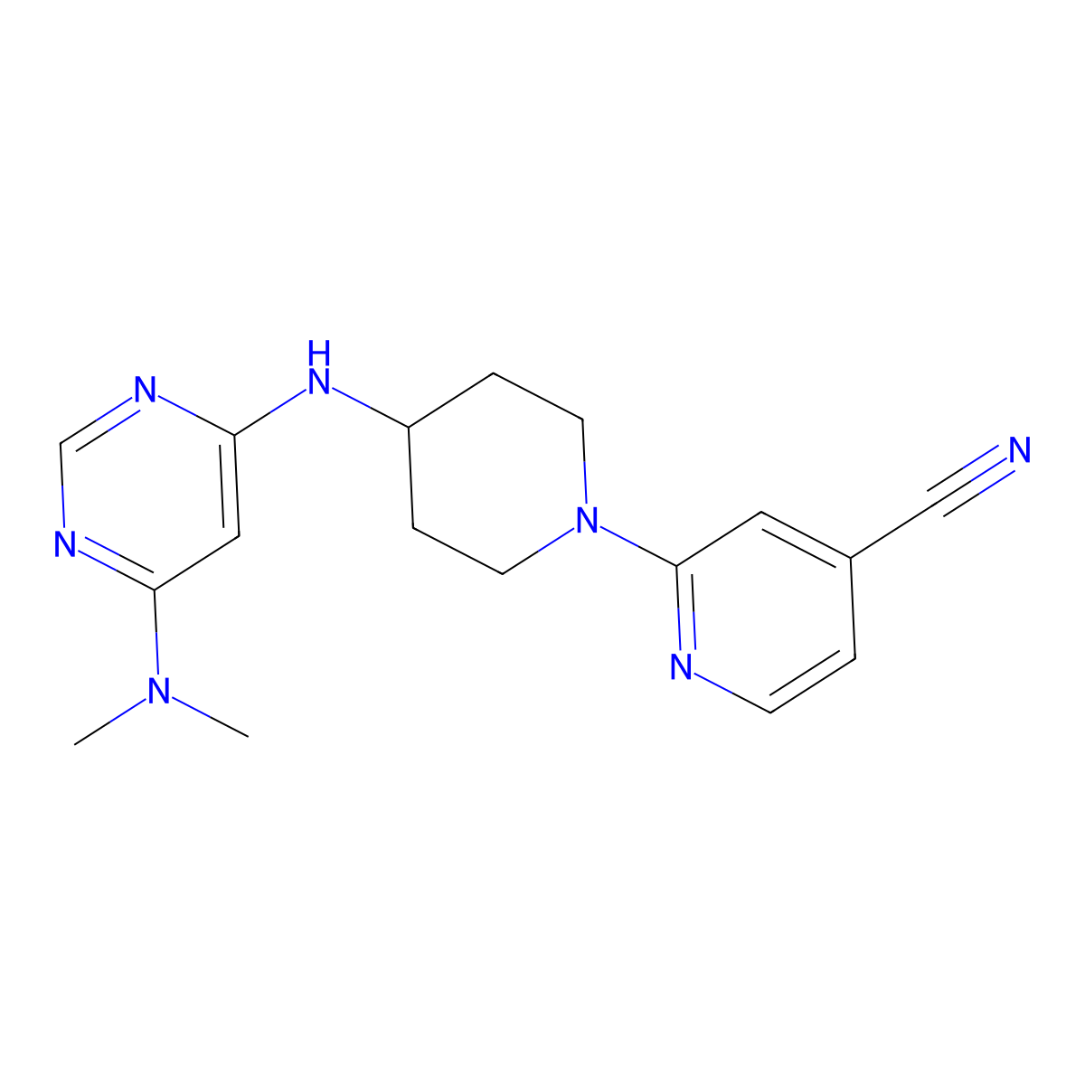 2-(4-{[6-(Dimethylamino)pyrimidin-4-yl]amino}piperidin-1-yl)pyridine-4-carbonitrile molecular structure, CAS 2415501-98-1