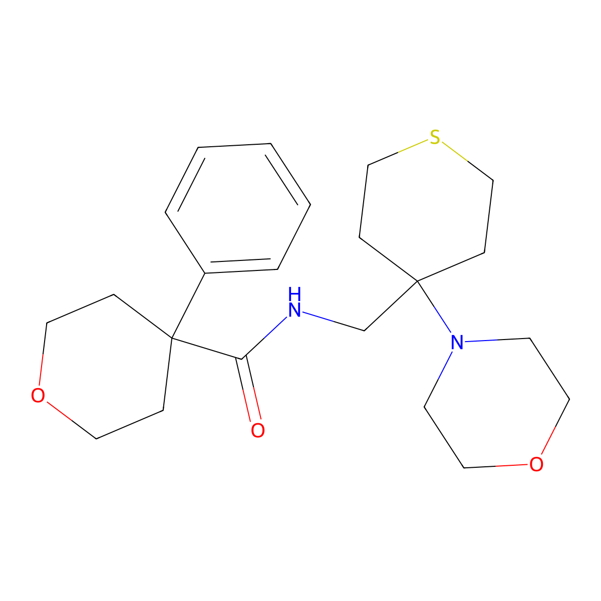 N-{[4-(morpholin-4-yl)thian-4-yl]methyl}-4-phenyloxane-4-carboxamide molecular structure, CAS 2415502-08-6