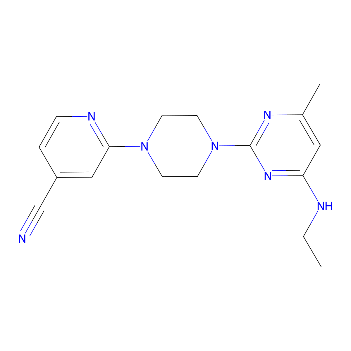 2-{4-[4-(Ethylamino)-6-methylpyrimidin-2-yl]piperazin-1-yl}pyridine-4-carbonitrile molecular structure, CAS 2415502-28-0