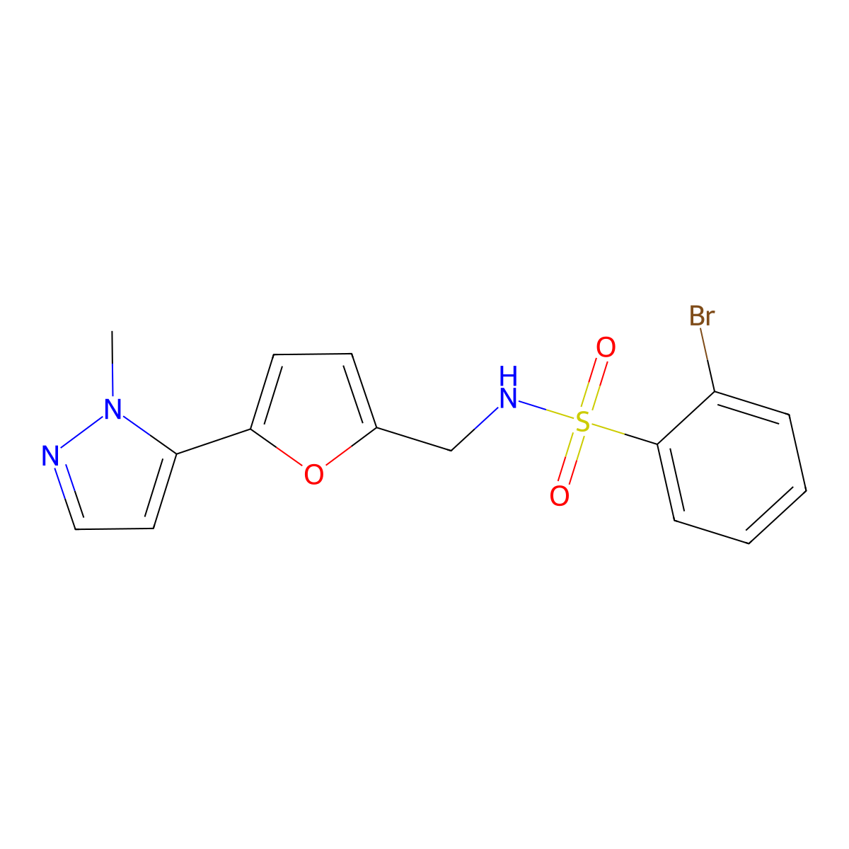 2-bromo-N-{[5-(1-methyl-1H-pyrazol-5-yl)furan-2-yl]methyl}benzene-1-sulfonamide molecular structure, CAS 2415502-33-7