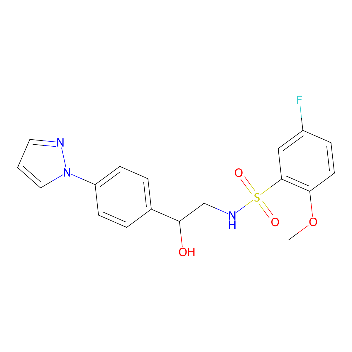 5-fluoro-N-{2-hydroxy-2-[4-(1H-pyrazol-1-yl)phenyl]ethyl}-2-methoxybenzene-1-sulfonamide molecular structure, CAS 2415502-34-8