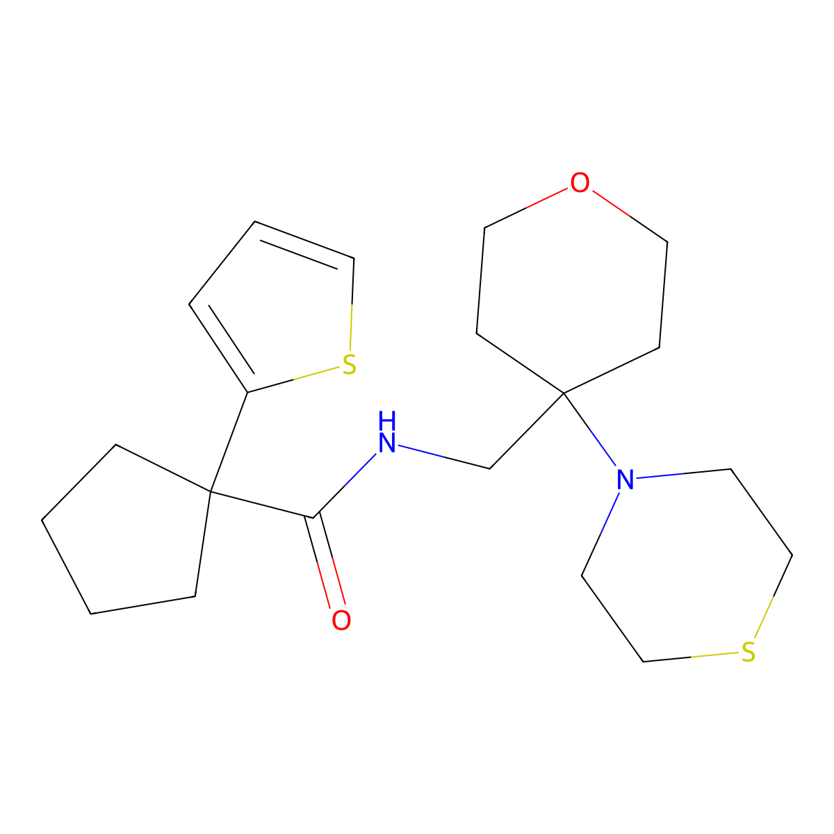 N-{[4-(thiomorpholin-4-yl)oxan-4-yl]methyl}-1-(thiophen-2-yl)cyclopentane-1-carboxamide molecular structure, CAS 2415502-42-8