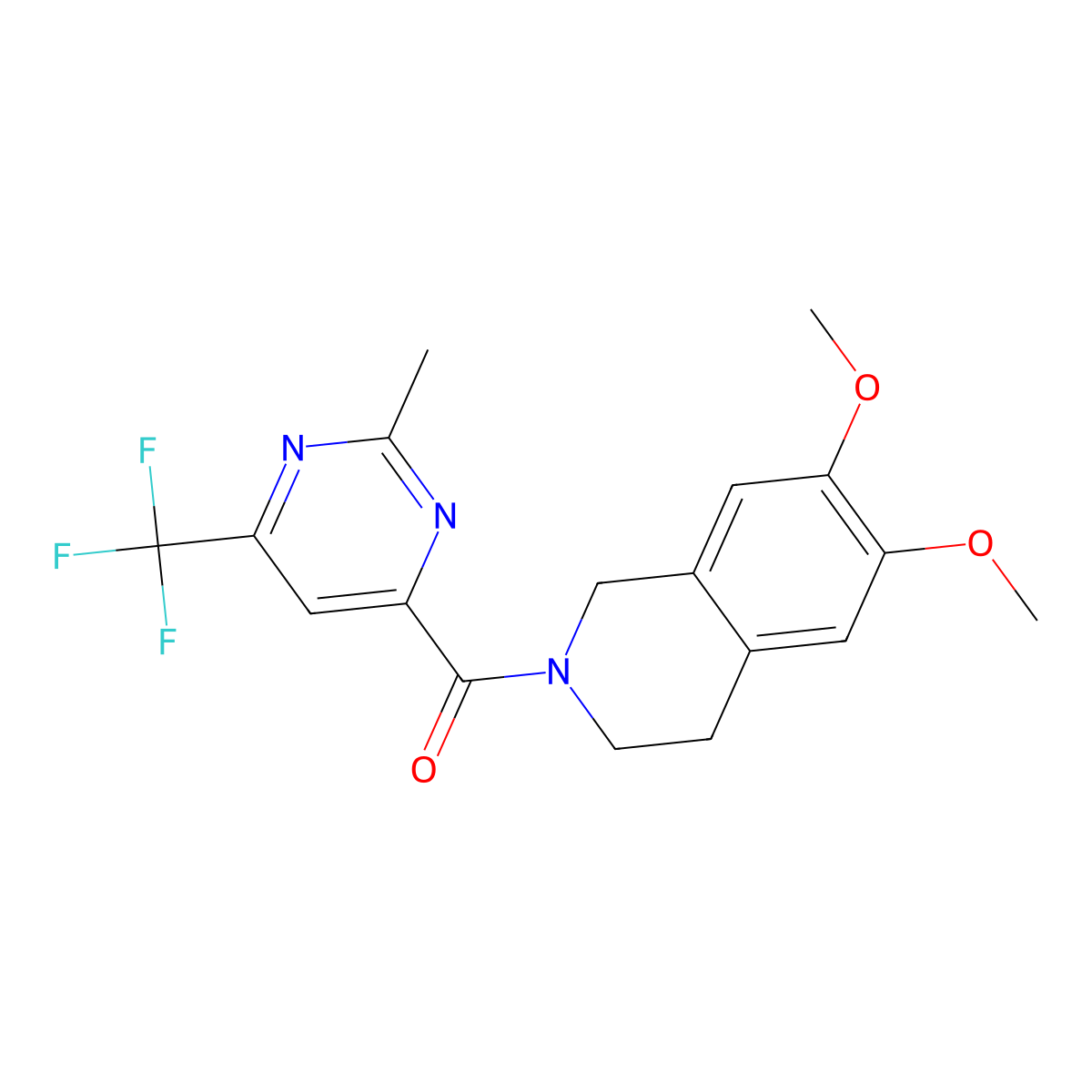 6,7-Dimethoxy-2-[2-methyl-6-(trifluoromethyl)pyrimidine-4-carbonyl]-1,2,3,4-tetrahydroisoquinoline molecular structure, CAS 2415502-49-5