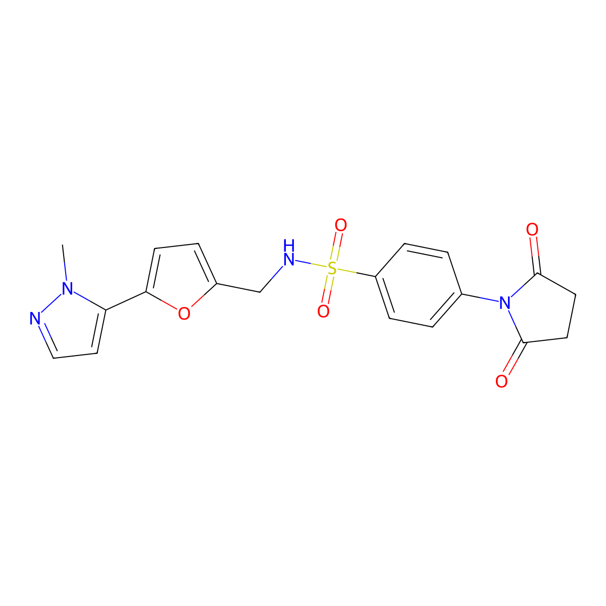 4-(2,5-dioxopyrrolidin-1-yl)-N-{[5-(1-methyl-1H-pyrazol-5-yl)furan-2-yl]methyl}benzene-1-sulfonamide molecular structure, CAS 2415502-53-1