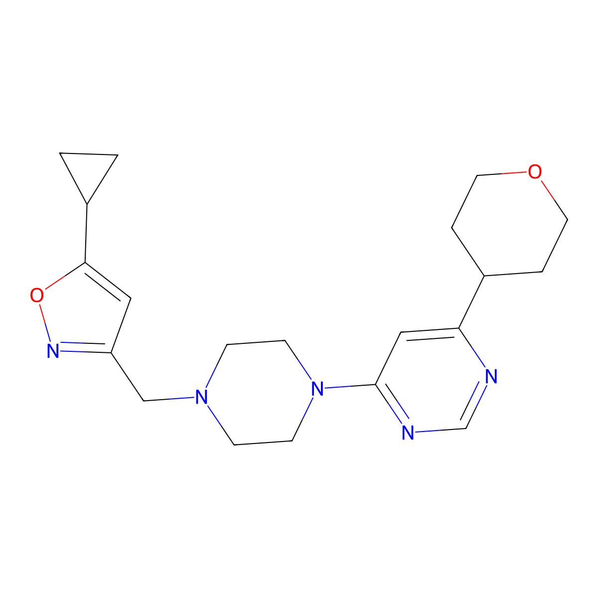 4-{4-[(5-Cyclopropyl-1,2-oxazol-3-yl)methyl]piperazin-1-yl}-6-(oxan-4-yl)pyrimidine molecular structure, CAS 2415502-72-4