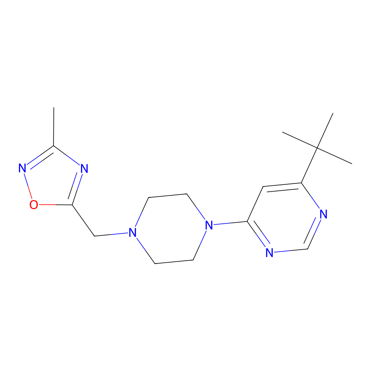 4-Tert-butyl-6-{4-[(3-methyl-1,2,4-oxadiazol-5-yl)methyl]piperazin-1-yl}pyrimidine molecular structure, CAS 2415502-73-5