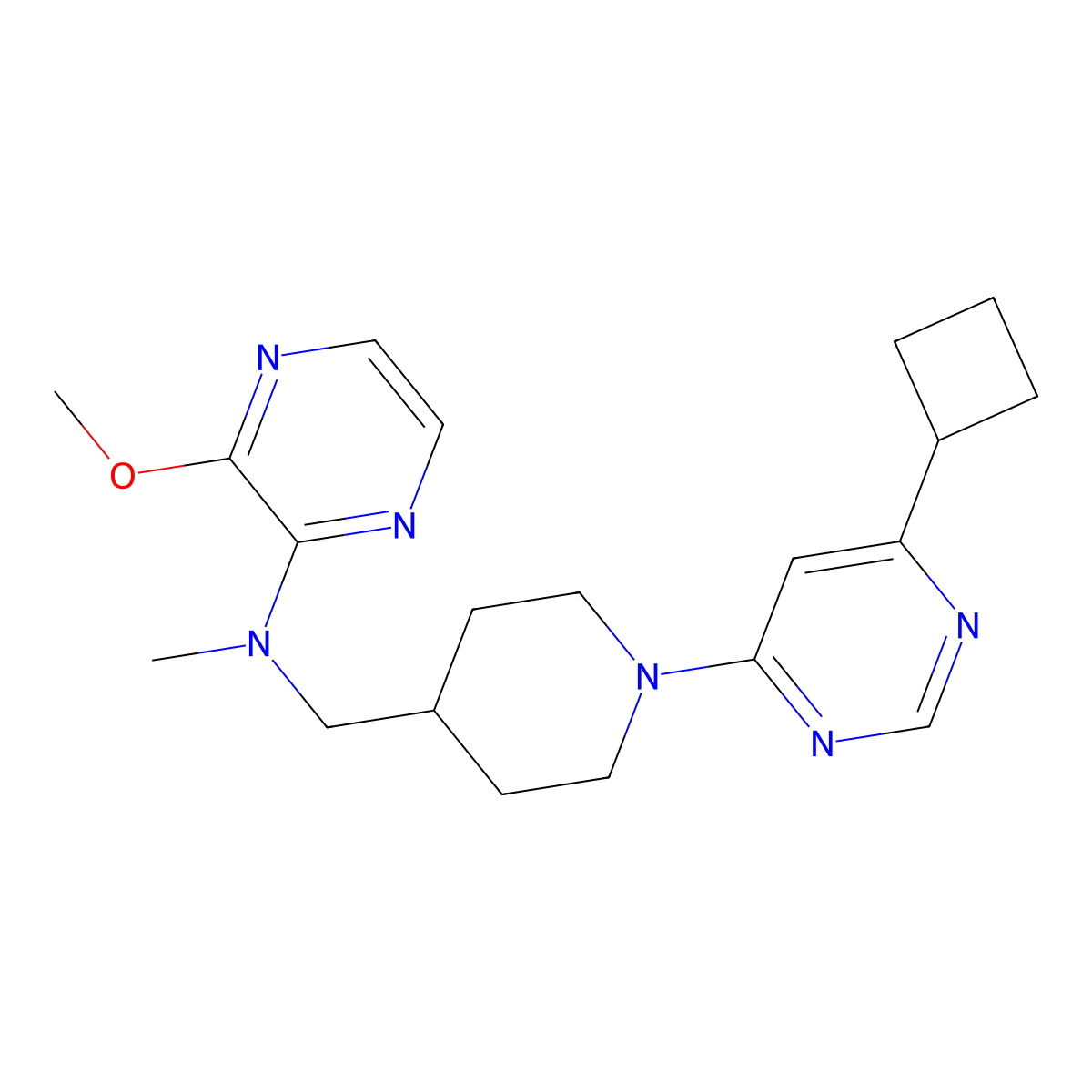 N-{[1-(6-cyclobutylpyrimidin-4-yl)piperidin-4-yl]methyl}-3-methoxy-N-methylpyrazin-2-amine molecular structure, CAS 2415502-84-8