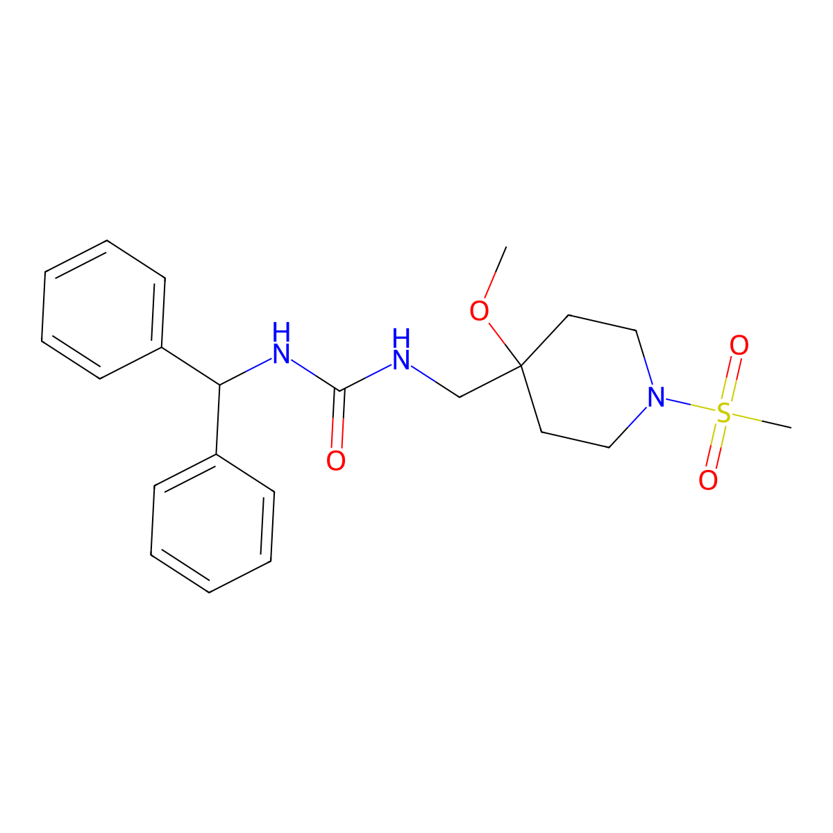 1-(Diphenylmethyl)-3-[(1-methanesulfonyl-4-methoxypiperidin-4-yl)methyl]urea molecular structure, CAS 2415502-89-3