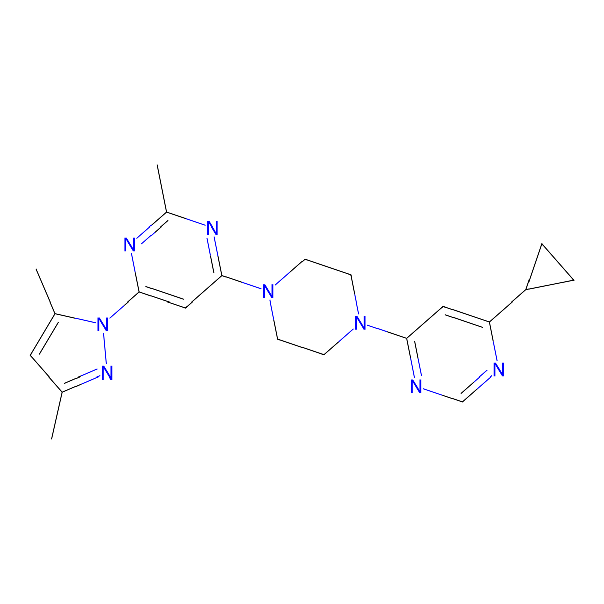 4-[4-(6-cyclopropylpyrimidin-4-yl)piperazin-1-yl]-6-(3,5-dimethyl-1H-pyrazol-1-yl)-2-methylpyrimidine molecular structure, CAS 2415502-90-6