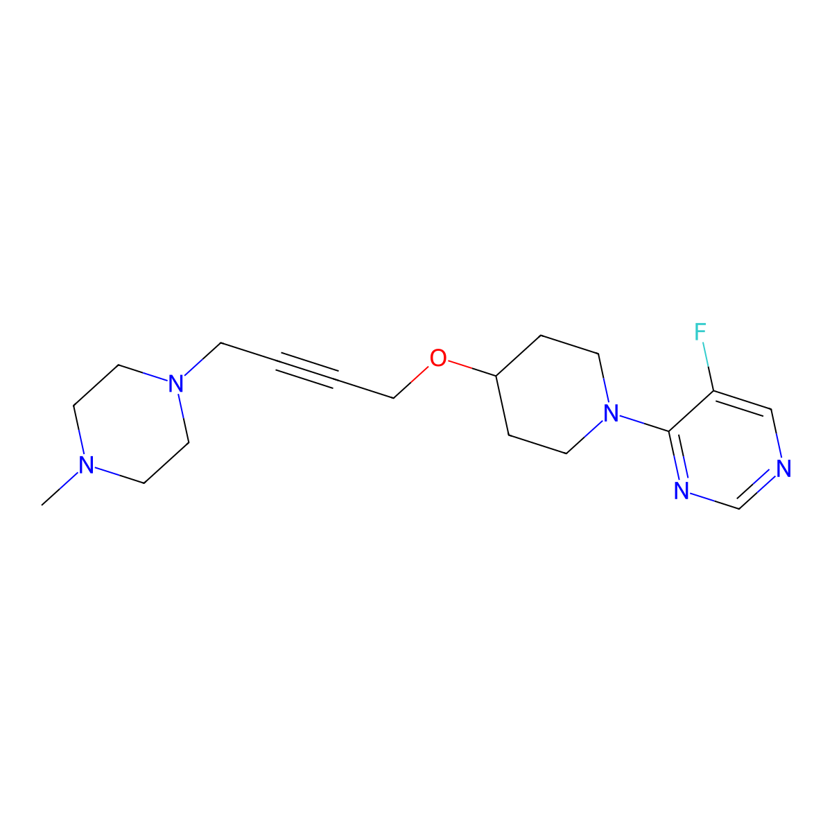 5-Fluoro-4-(4-{[4-(4-methylpiperazin-1-yl)but-2-yn-1-yl]oxy}piperidin-1-yl)pyrimidine molecular structure, CAS 2415502-96-2