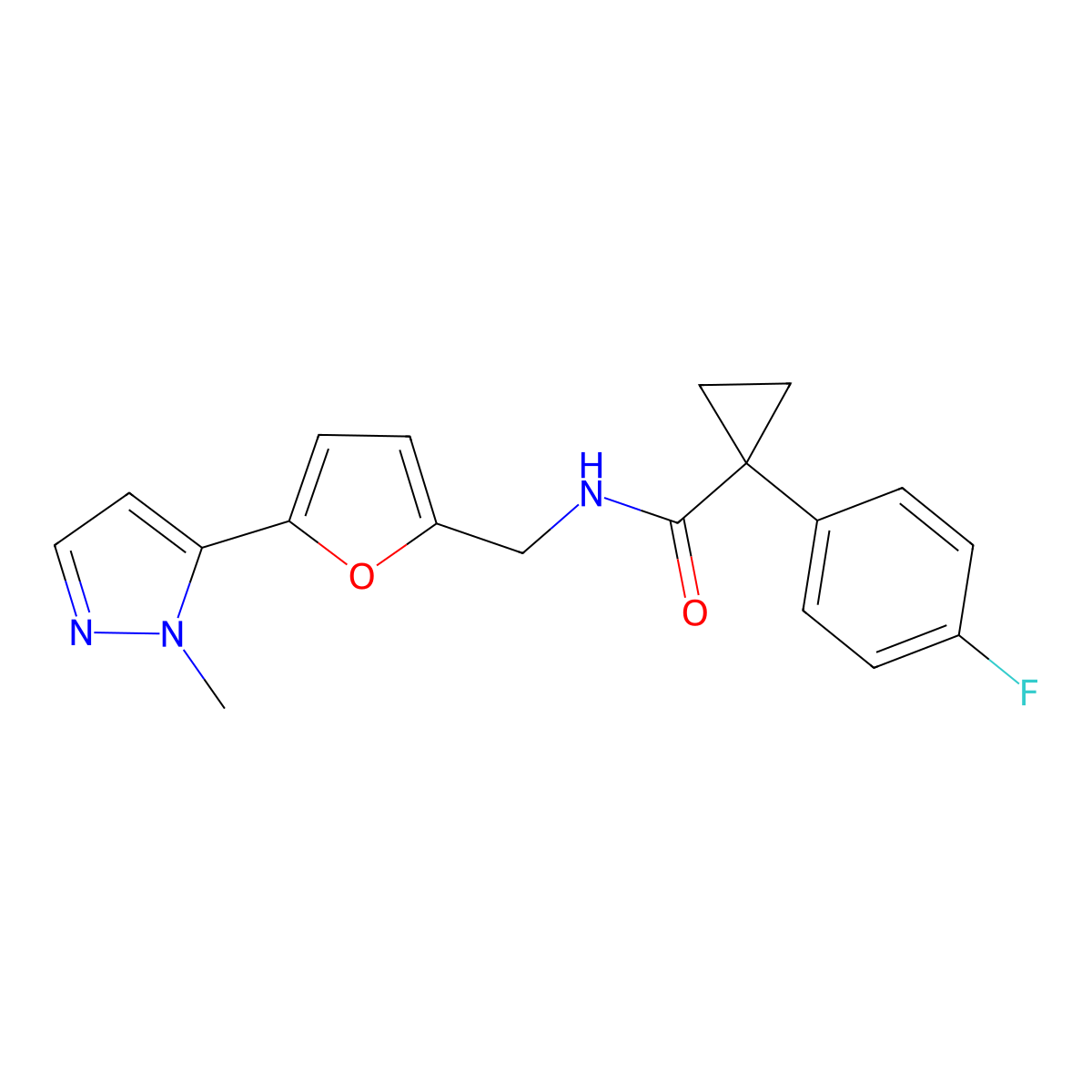1-(4-fluorophenyl)-N-{[5-(1-methyl-1H-pyrazol-5-yl)furan-2-yl]methyl}cyclopropane-1-carboxamide molecular structure, CAS 2415502-98-4