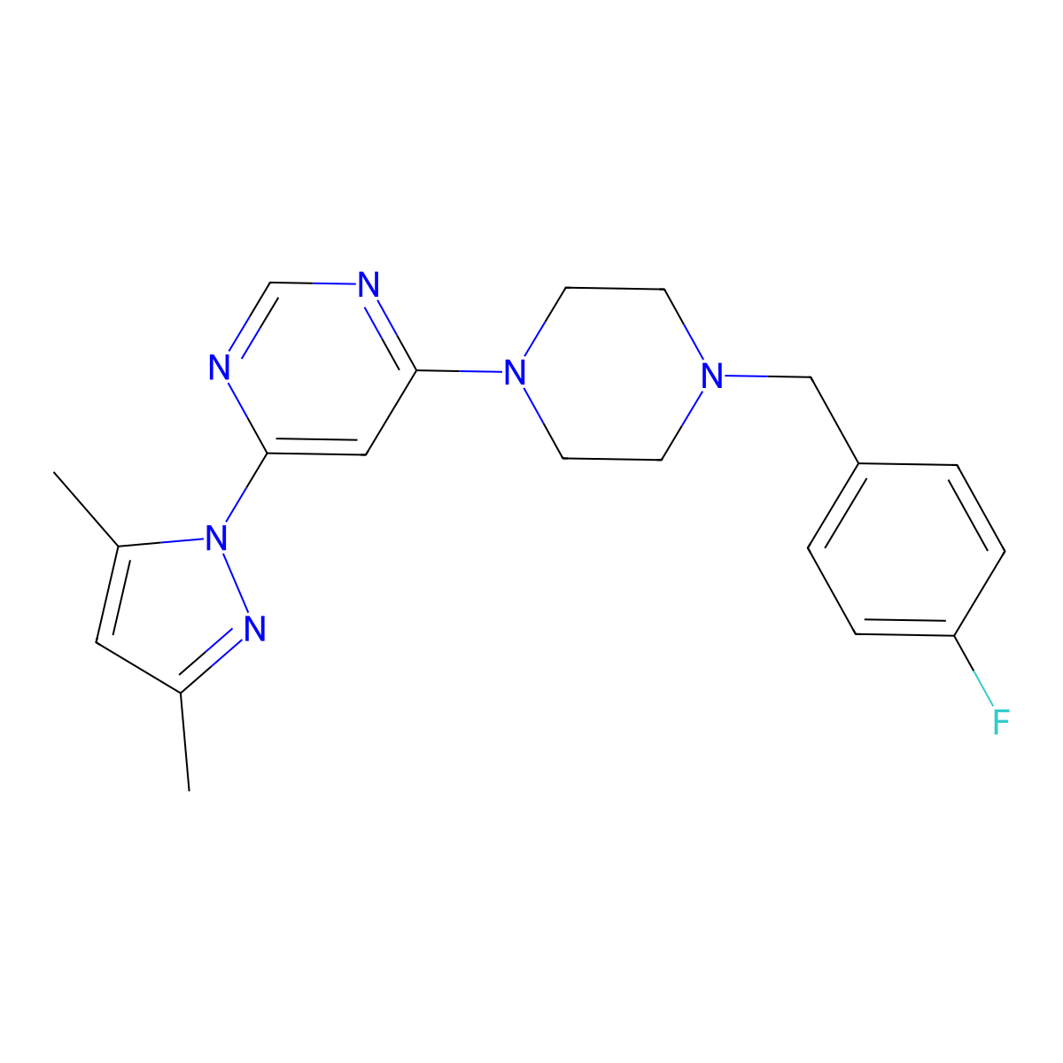 4-(3,5-dimethyl-1H-pyrazol-1-yl)-6-{4-[(4-fluorophenyl)methyl]piperazin-1-yl}pyrimidine molecular structure, CAS 2415503-01-2
