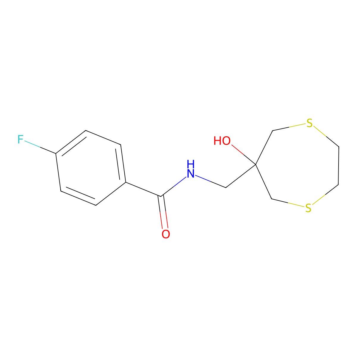 4-Fluoro-N-[(6-hydroxy-1,4-dithiepan-6-yl)methyl]benzamide molecular structure, CAS 2415503-06-7