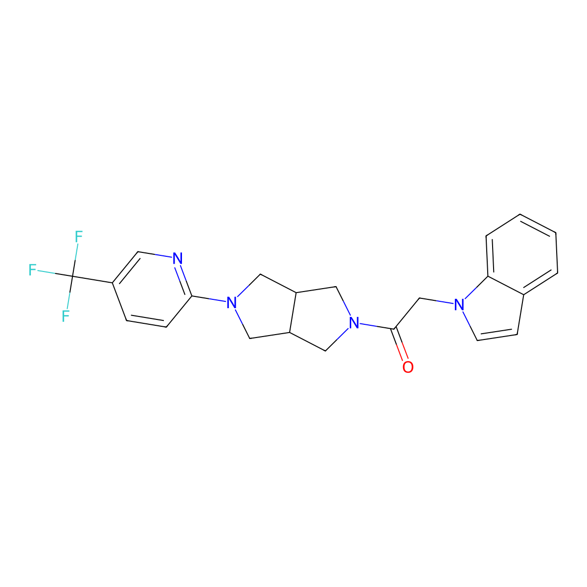 2-(1H-indol-1-yl)-1-{5-[5-(trifluoromethyl)pyridin-2-yl]-octahydropyrrolo[3,4-c]pyrrol-2-yl}ethan-1-one molecular structure, CAS 2415503-10-3