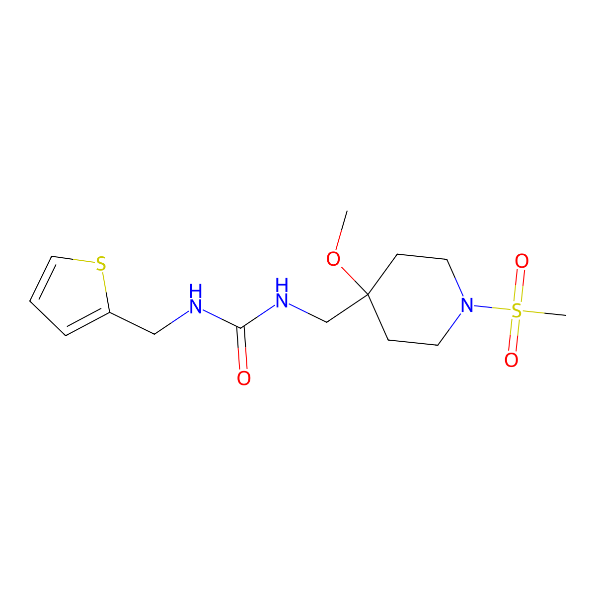 1-[(1-Methanesulfonyl-4-methoxypiperidin-4-yl)methyl]-3-[(thiophen-2-yl)methyl]urea molecular structure, CAS 2415503-15-8