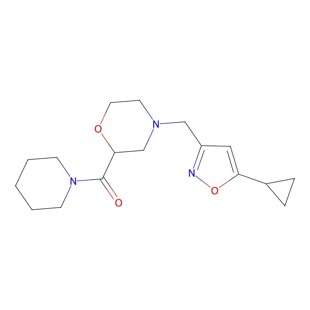 4-[(5-Cyclopropyl-1,2-oxazol-3-yl)methyl]-2-(piperidine-1-carbonyl)morpholine molecular structure, CAS 2415503-16-9