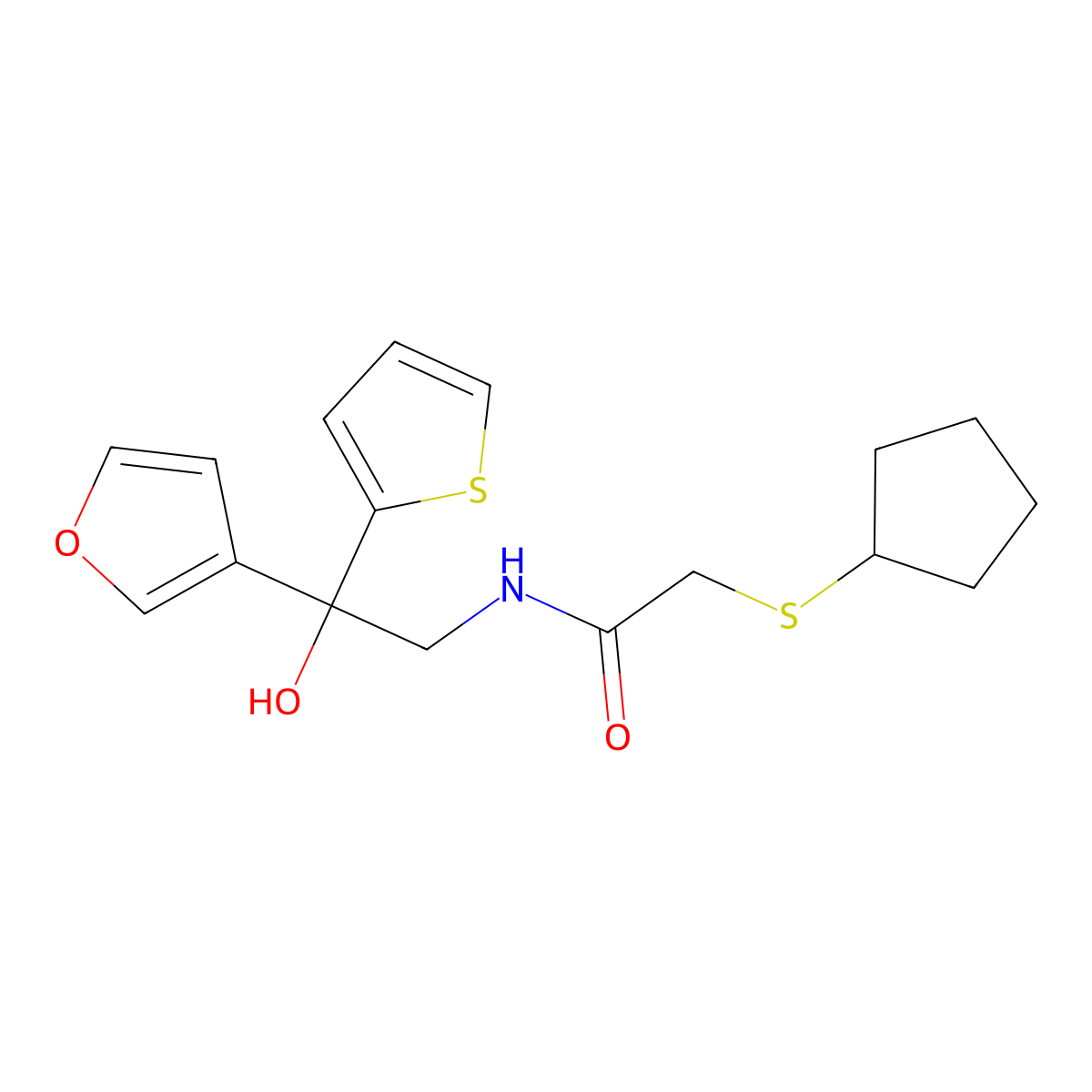 2-(cyclopentylsulfanyl)-N-[2-(furan-3-yl)-2-hydroxy-2-(thiophen-2-yl)ethyl]acetamide molecular structure, CAS 2415503-22-7