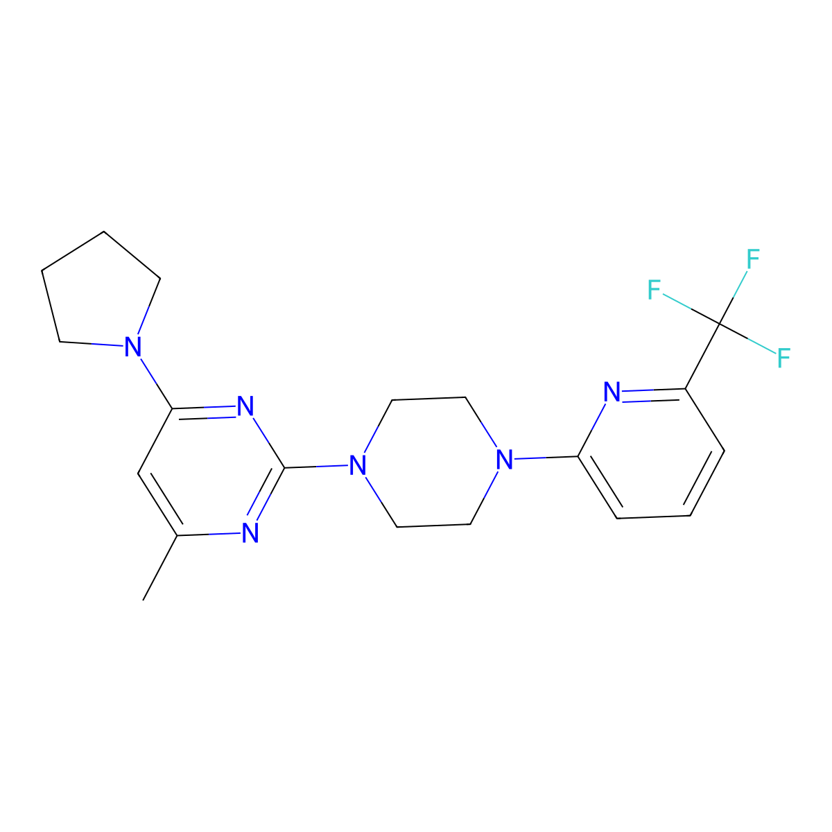 4-Methyl-6-(pyrrolidin-1-yl)-2-{4-[6-(trifluoromethyl)pyridin-2-yl]piperazin-1-yl}pyrimidine molecular structure, CAS 2415503-38-5