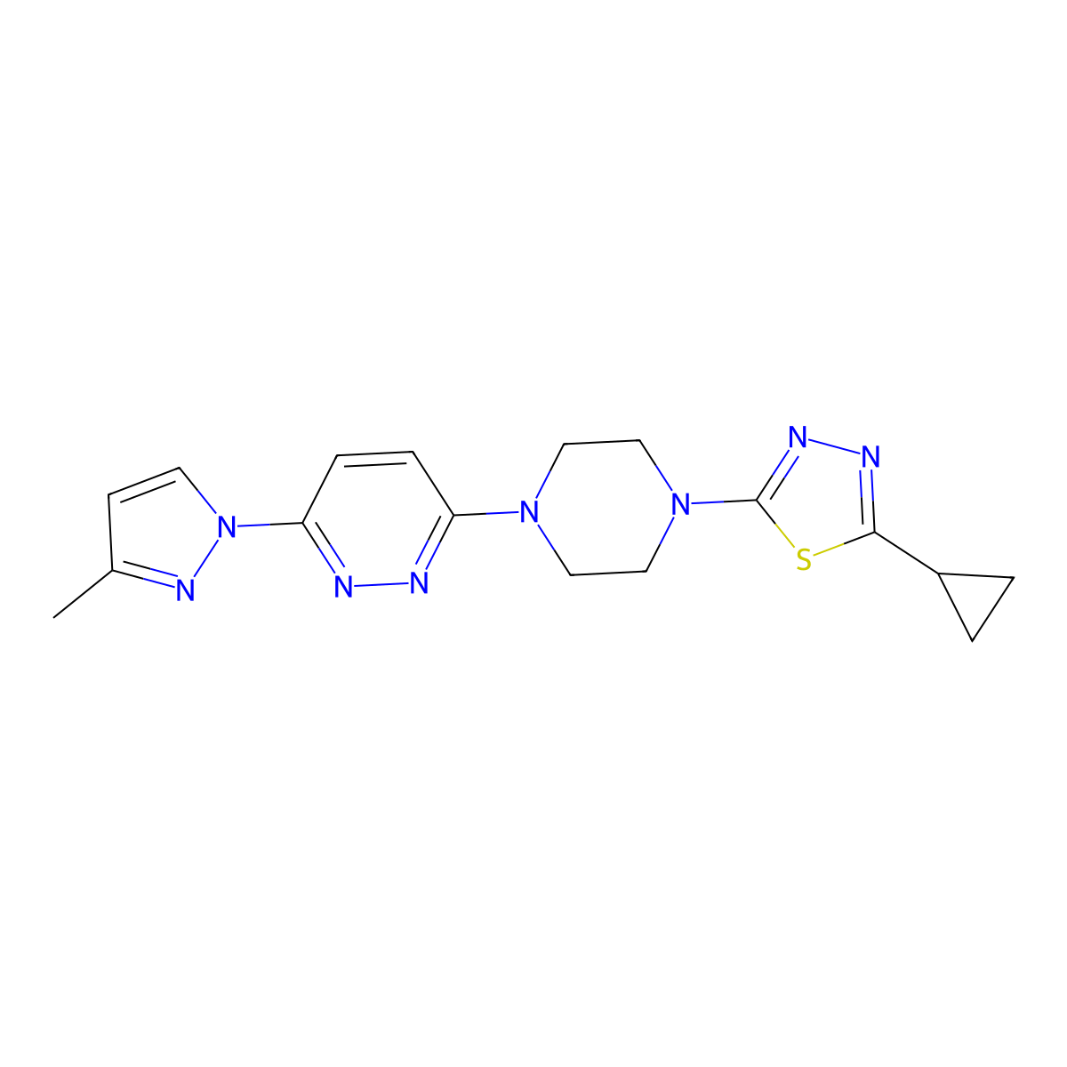 3-[4-(5-cyclopropyl-1,3,4-thiadiazol-2-yl)piperazin-1-yl]-6-(3-methyl-1H-pyrazol-1-yl)pyridazine molecular structure, CAS 2415503-39-6