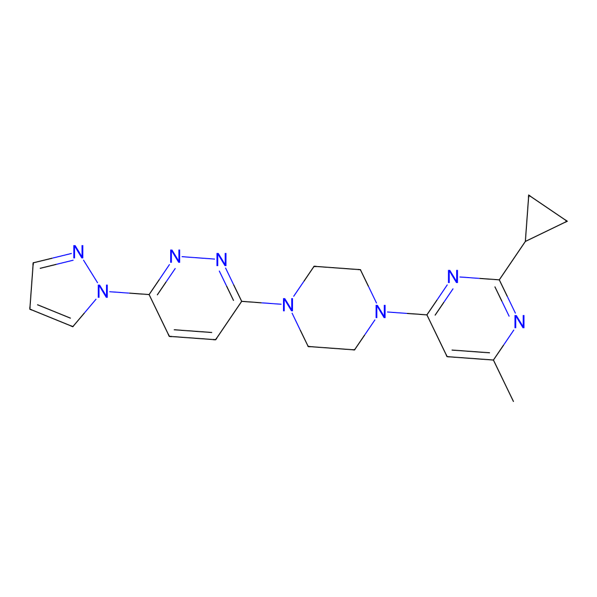 2-cyclopropyl-4-methyl-6-{4-[6-(1H-pyrazol-1-yl)pyridazin-3-yl]piperazin-1-yl}pyrimidine molecular structure, CAS 2415503-49-8