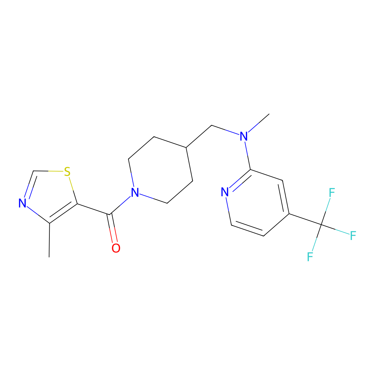 N-methyl-N-{[1-(4-methyl-1,3-thiazole-5-carbonyl)piperidin-4-yl]methyl}-4-(trifluoromethyl)pyridin-2-amine molecular structure, CAS 2415503-56-7