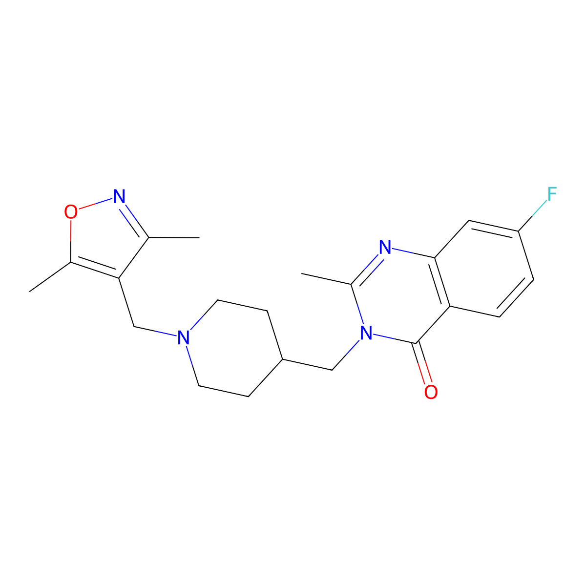 3-({1-[(3,5-Dimethyl-1,2-oxazol-4-yl)methyl]piperidin-4-yl}methyl)-7-fluoro-2-methyl-3,4-dihydroquinazolin-4-one molecular structure, CAS 2415503-59-0