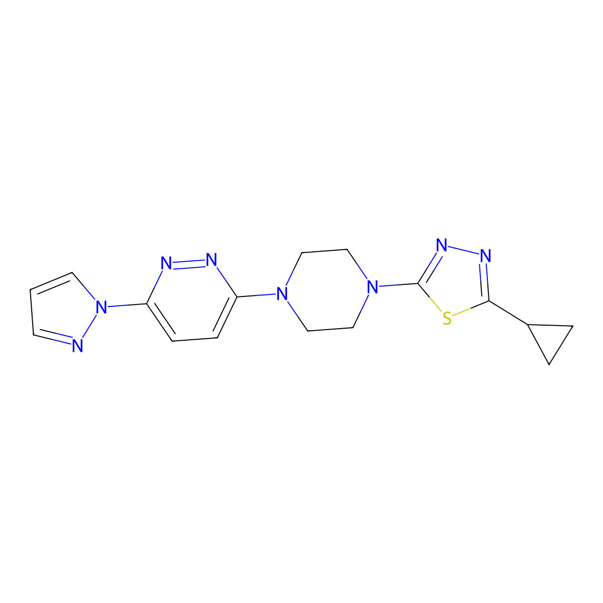 3-[4-(5-cyclopropyl-1,3,4-thiadiazol-2-yl)piperazin-1-yl]-6-(1H-pyrazol-1-yl)pyridazine molecular structure, CAS 2415503-66-9