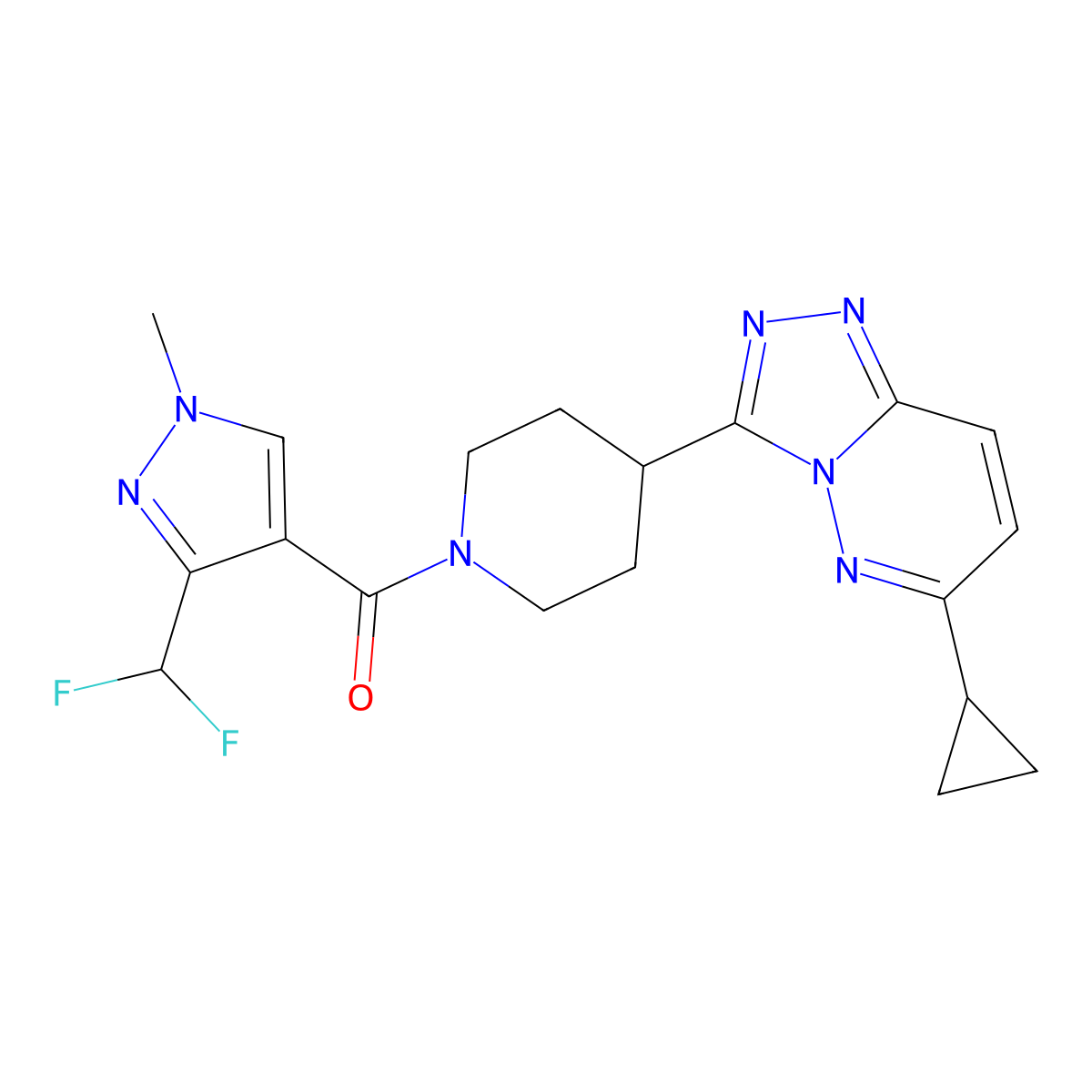 4-{6-cyclopropyl-[1,2,4]triazolo[4,3-b]pyridazin-3-yl}-1-[3-(difluoromethyl)-1-methyl-1H-pyrazole-4-carbonyl]piperidine molecular structure, CAS 2415503-75-0