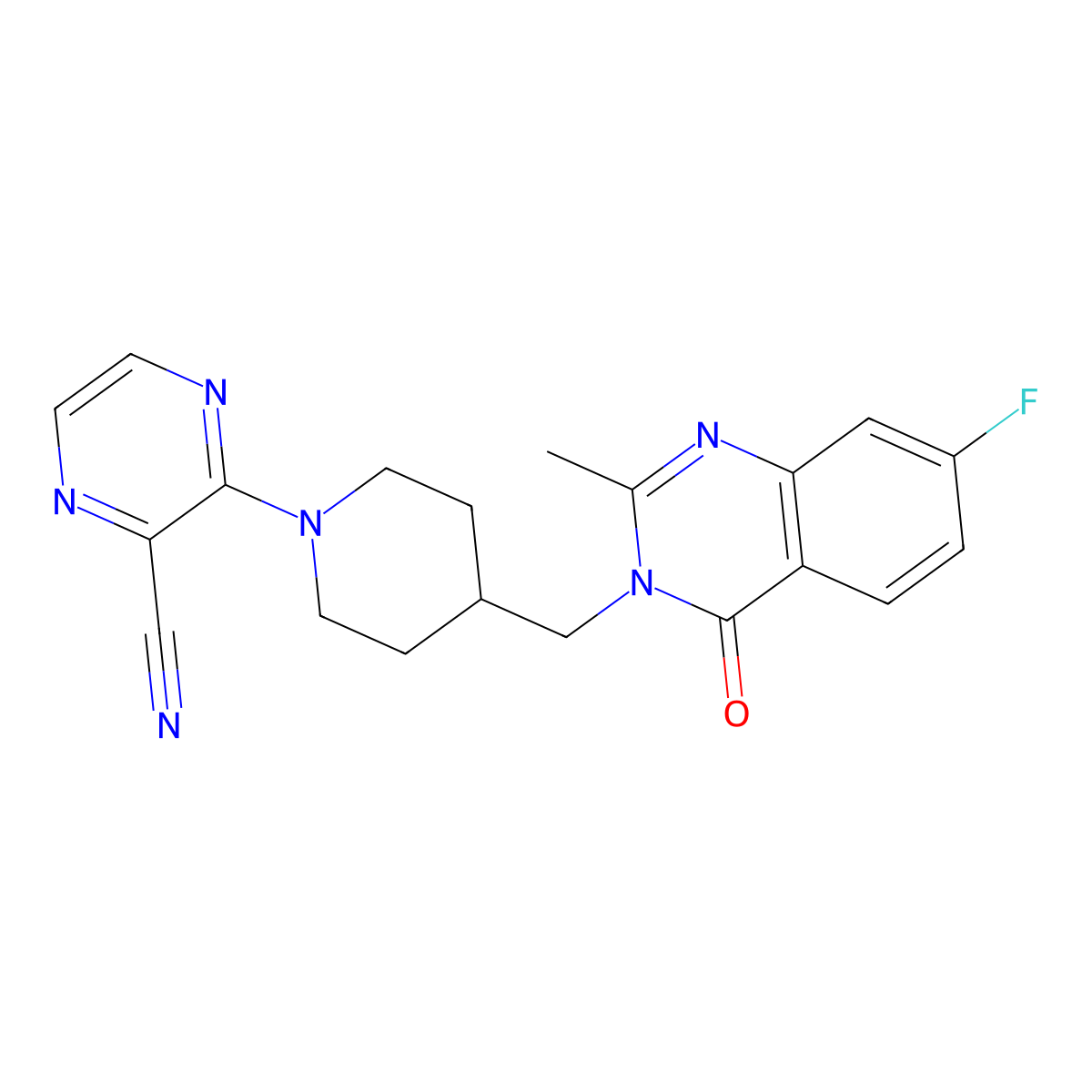 3-{4-[(7-Fluoro-2-methyl-4-oxo-3,4-dihydroquinazolin-3-yl)methyl]piperidin-1-yl}pyrazine-2-carbonitrile molecular structure, CAS 2415503-77-2