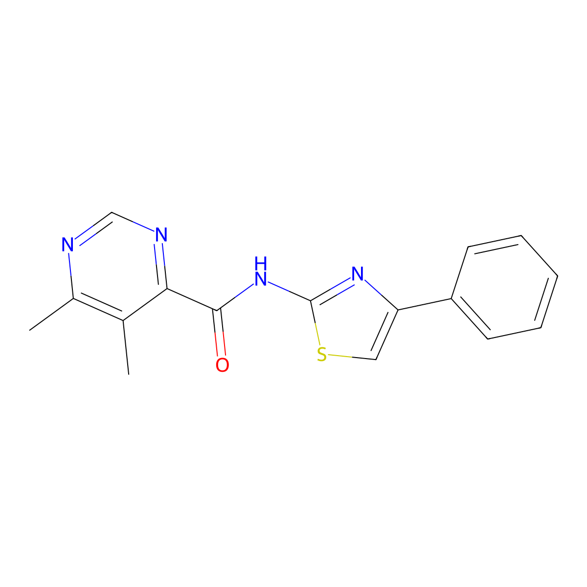 5,6-Dimethyl-N-(4-phenyl-1,3-thiazol-2-yl)pyrimidine-4-carboxamide molecular structure, CAS 2415503-83-0