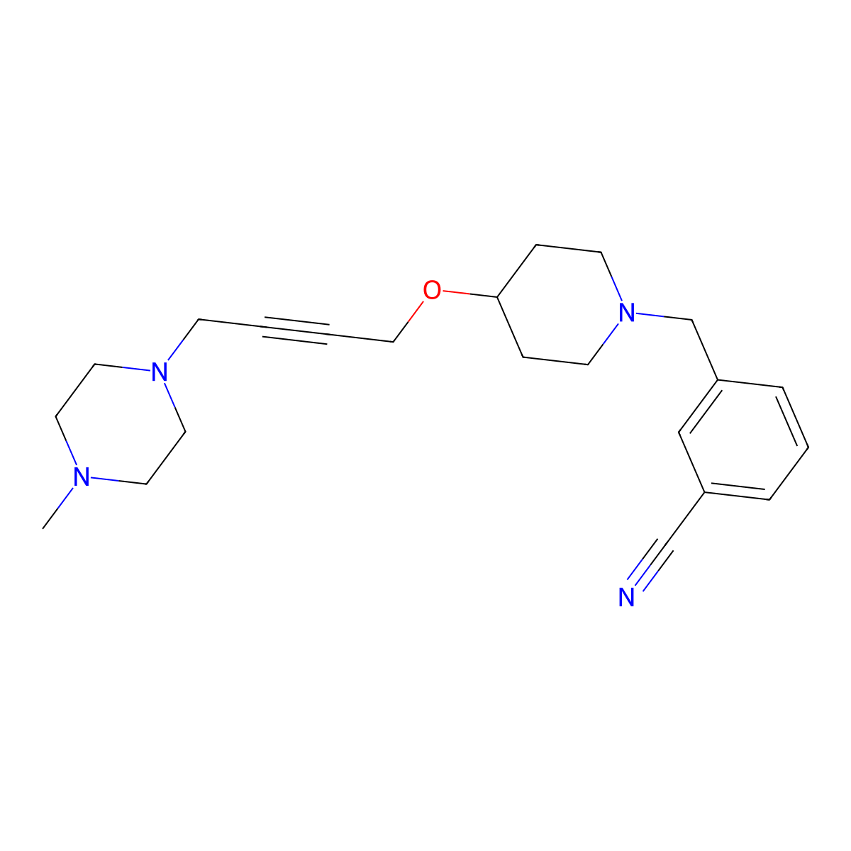3-[(4-{[4-(4-Methylpiperazin-1-yl)but-2-yn-1-yl]oxy}piperidin-1-yl)methyl]benzonitrile molecular structure, CAS 2415503-87-4