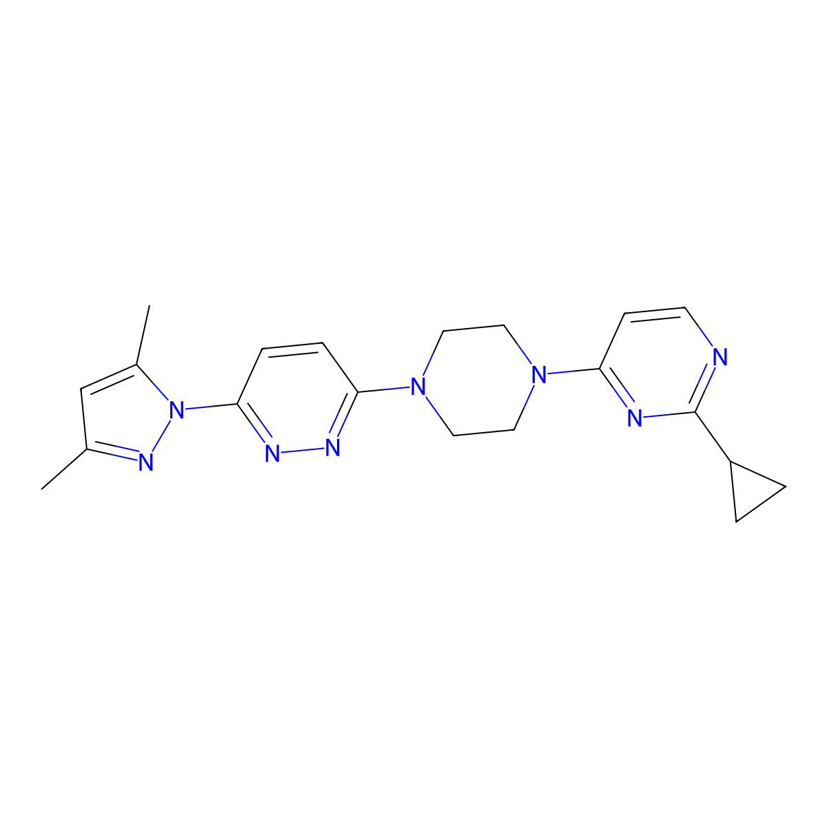 2-cyclopropyl-4-{4-[6-(3,5-dimethyl-1H-pyrazol-1-yl)pyridazin-3-yl]piperazin-1-yl}pyrimidine molecular structure, CAS 2415503-89-6