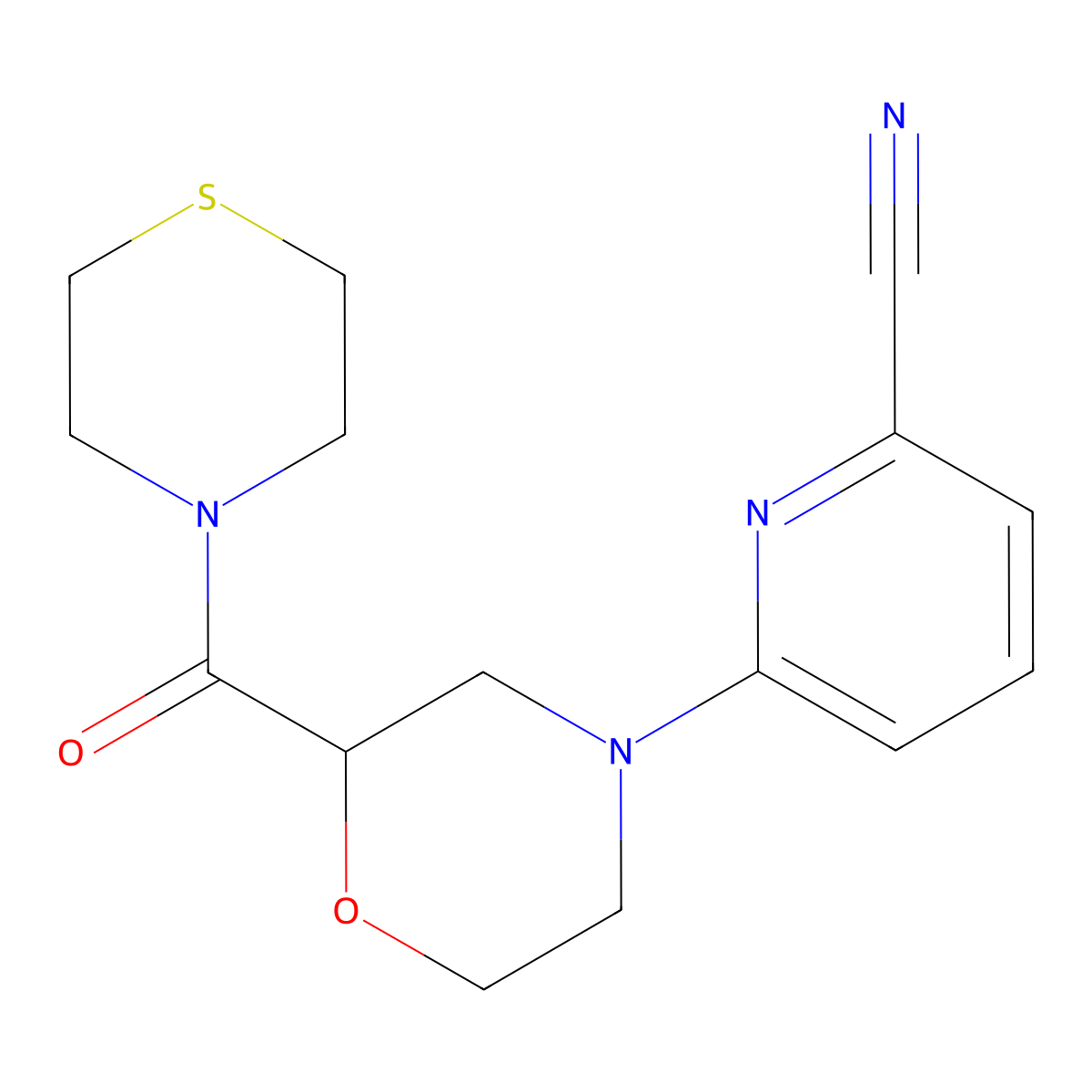 6-[2-(Thiomorpholine-4-carbonyl)morpholin-4-yl]pyridine-2-carbonitrile molecular structure, CAS 2415504-00-4