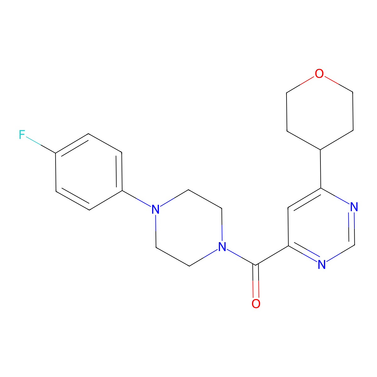 4-[4-(4-Fluorophenyl)piperazine-1-carbonyl]-6-(oxan-4-yl)pyrimidine molecular structure, CAS 2415504-07-1