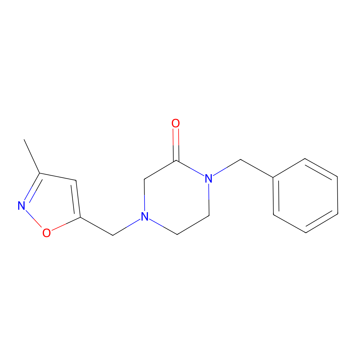 1-Benzyl-4-[(3-methyl-1,2-oxazol-5-yl)methyl]piperazin-2-one molecular structure, CAS 2415504-10-6