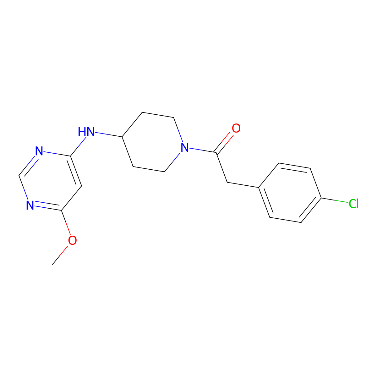 2-(4-Chlorophenyl)-1-{4-[(6-methoxypyrimidin-4-yl)amino]piperidin-1-yl}ethan-1-one molecular structure, CAS 2415504-14-0