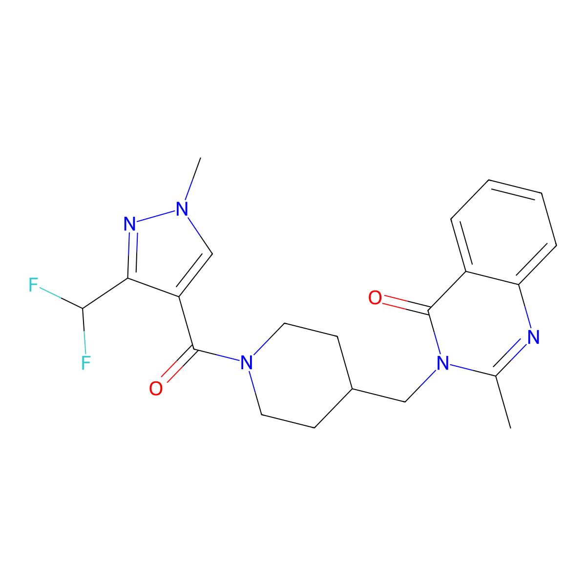 3-({1-[3-(difluoromethyl)-1-methyl-1H-pyrazole-4-carbonyl]piperidin-4-yl}methyl)-2-methyl-3,4-dihydroquinazolin-4-one molecular structure, CAS 2415504-19-5