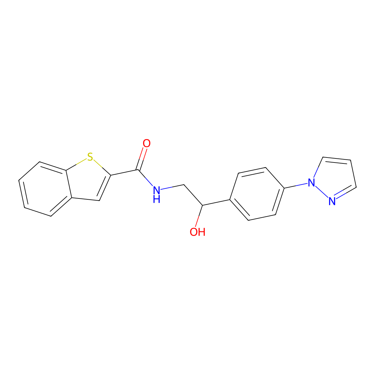 N-{2-hydroxy-2-[4-(1H-pyrazol-1-yl)phenyl]ethyl}-1-benzothiophene-2-carboxamide molecular structure, CAS 2415504-23-1