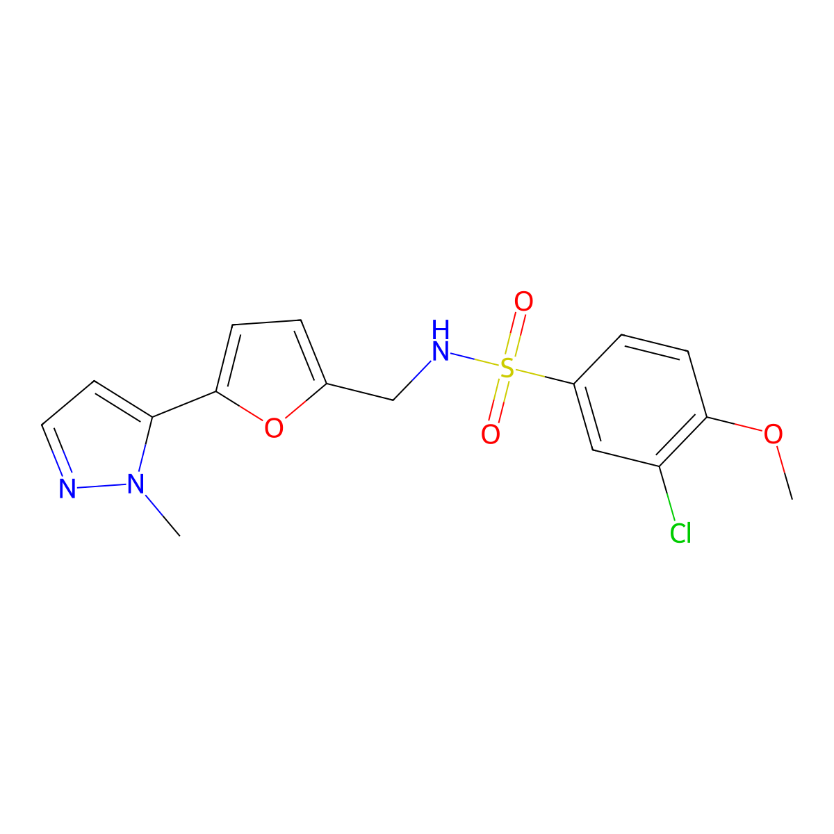 3-chloro-4-methoxy-N-{[5-(1-methyl-1H-pyrazol-5-yl)furan-2-yl]methyl}benzene-1-sulfonamide molecular structure, CAS 2415504-33-3