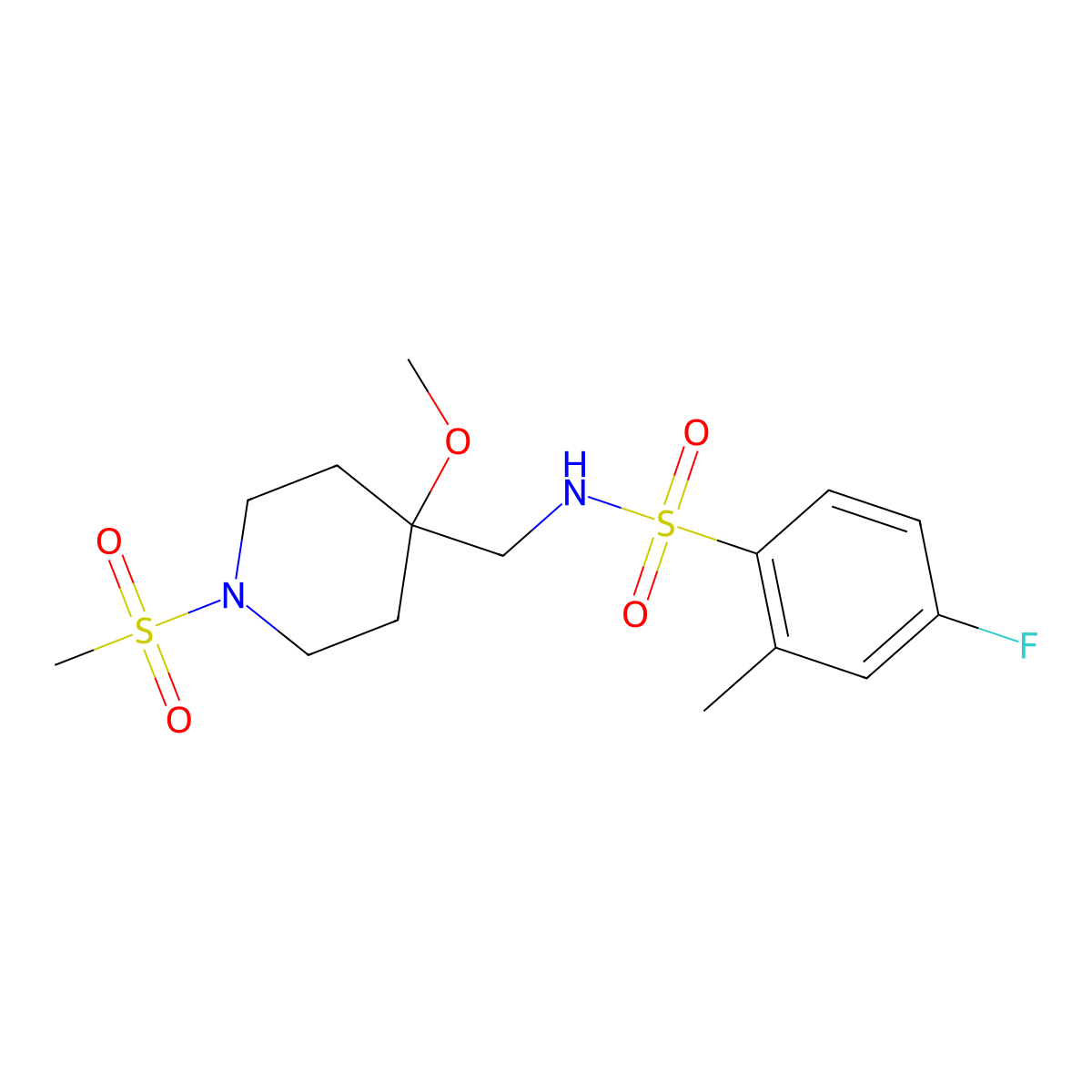 4-fluoro-N-[(1-methanesulfonyl-4-methoxypiperidin-4-yl)methyl]-2-methylbenzene-1-sulfonamide molecular structure, CAS 2415504-34-4