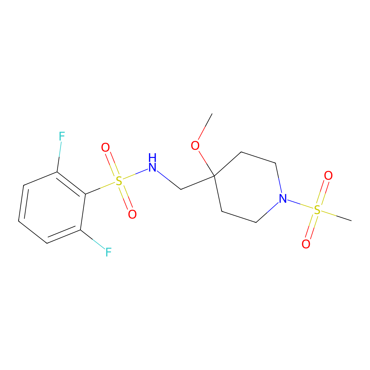 2,6-difluoro-N-[(1-methanesulfonyl-4-methoxypiperidin-4-yl)methyl]benzene-1-sulfonamide molecular structure, CAS 2415504-38-8
