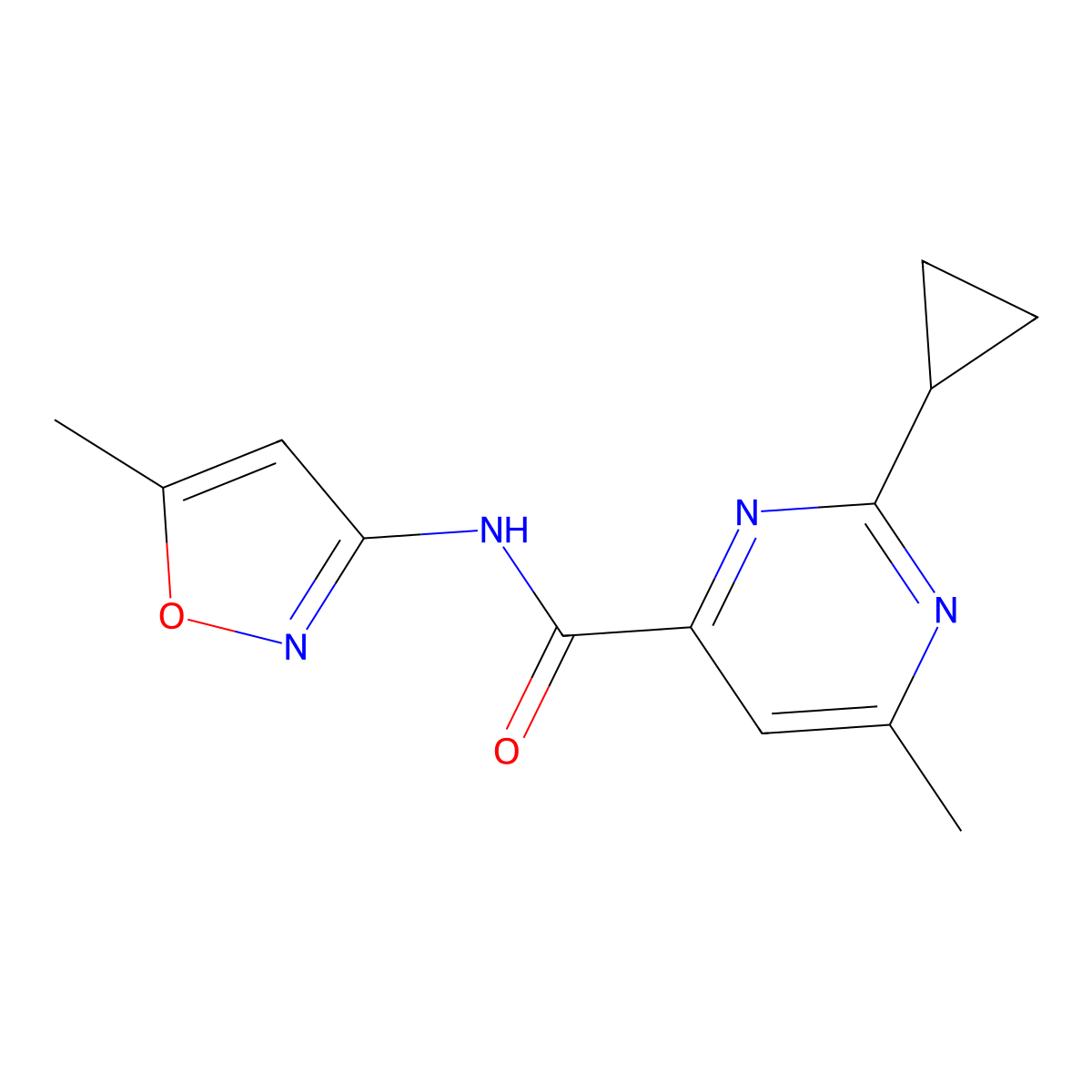 2-cyclopropyl-6-methyl-N-(5-methyl-1,2-oxazol-3-yl)pyrimidine-4-carboxamide molecular structure, CAS 2415504-41-3