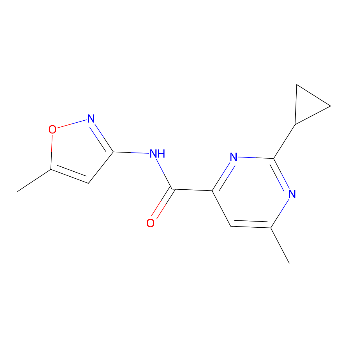 2-cyclopropyl-6-methyl-N-(5-methyl-1,2-oxazol-3-yl)pyrimidine-4-carboxamide molecular structure, CAS 2415504-41-3