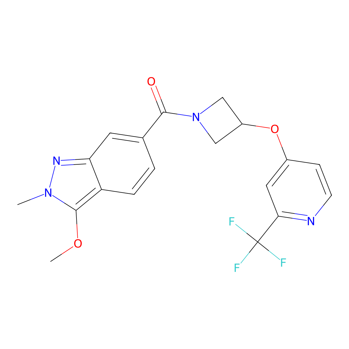 3-methoxy-2-methyl-6-(3-{[2-(trifluoromethyl)pyridin-4-yl]oxy}azetidine-1-carbonyl)-2H-indazole molecular structure, CAS 2415504-43-5