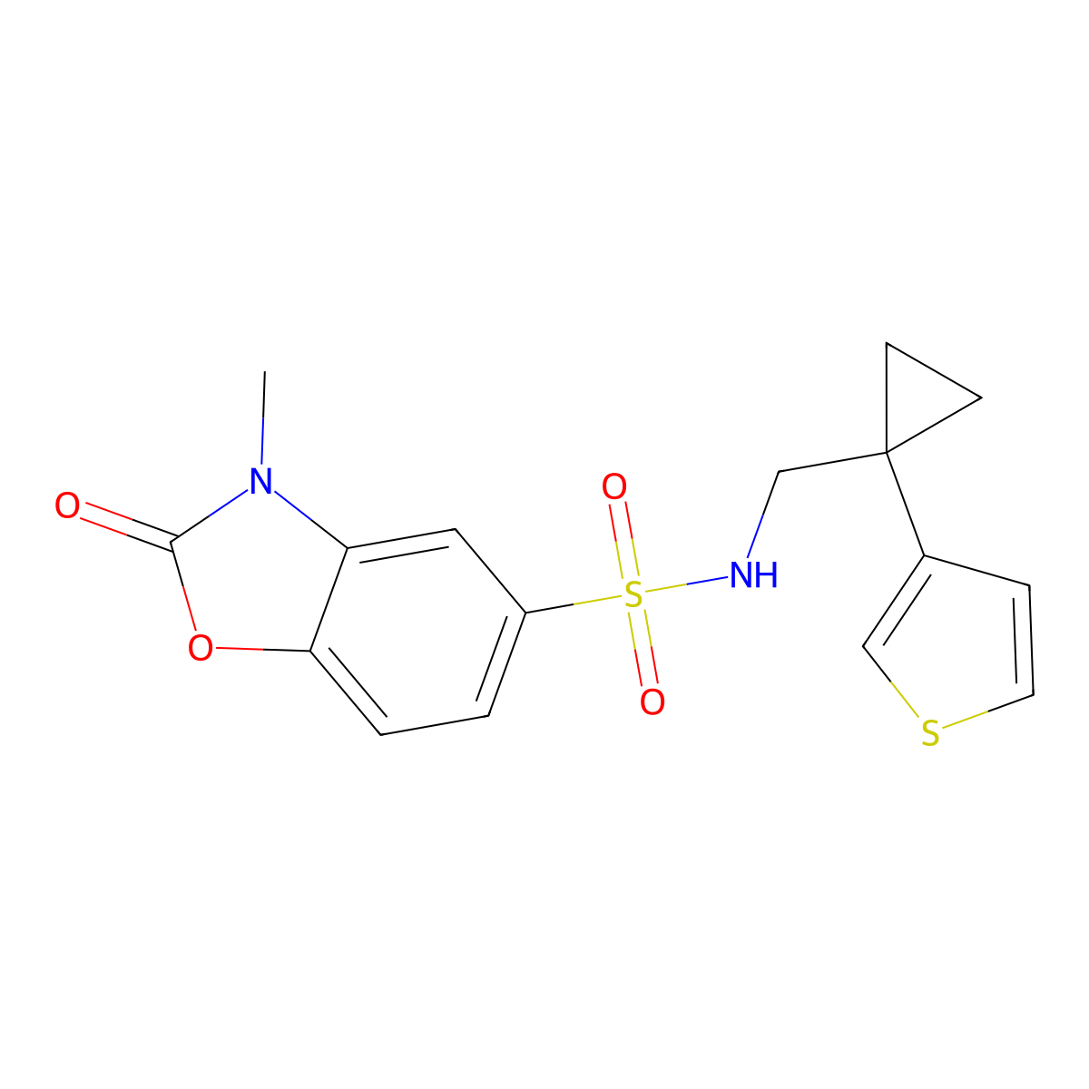 3-Methyl-2-oxo-N-[(1-thiophen-3-ylcyclopropyl)methyl]-1,3-benzoxazole-5-sulfonamide molecular structure, CAS 2415504-49-1
