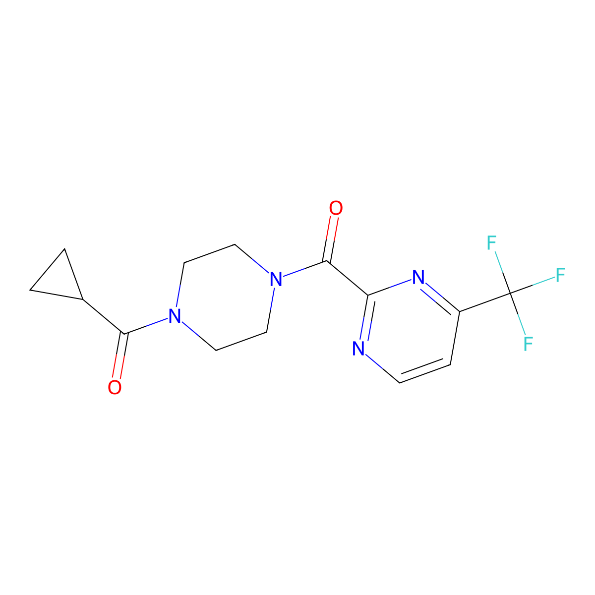 2-(4-Cyclopropanecarbonylpiperazine-1-carbonyl)-4-(trifluoromethyl)pyrimidine molecular structure, CAS 2415504-50-4
