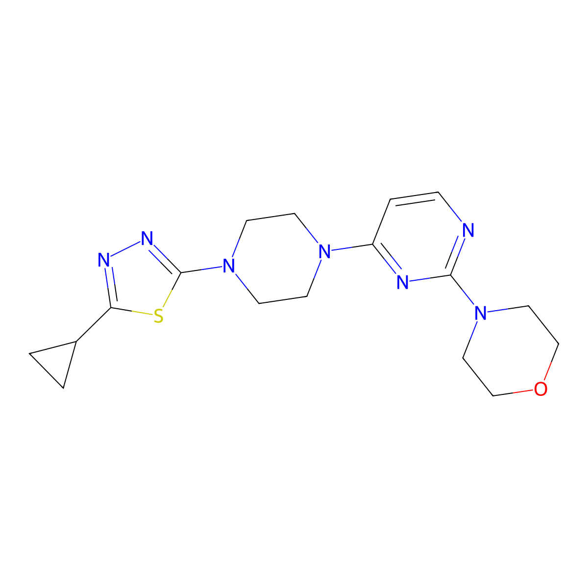 4-{4-[4-(5-Cyclopropyl-1,3,4-thiadiazol-2-yl)piperazin-1-yl]pyrimidin-2-yl}morpholine molecular structure, CAS 2415509-10-1
