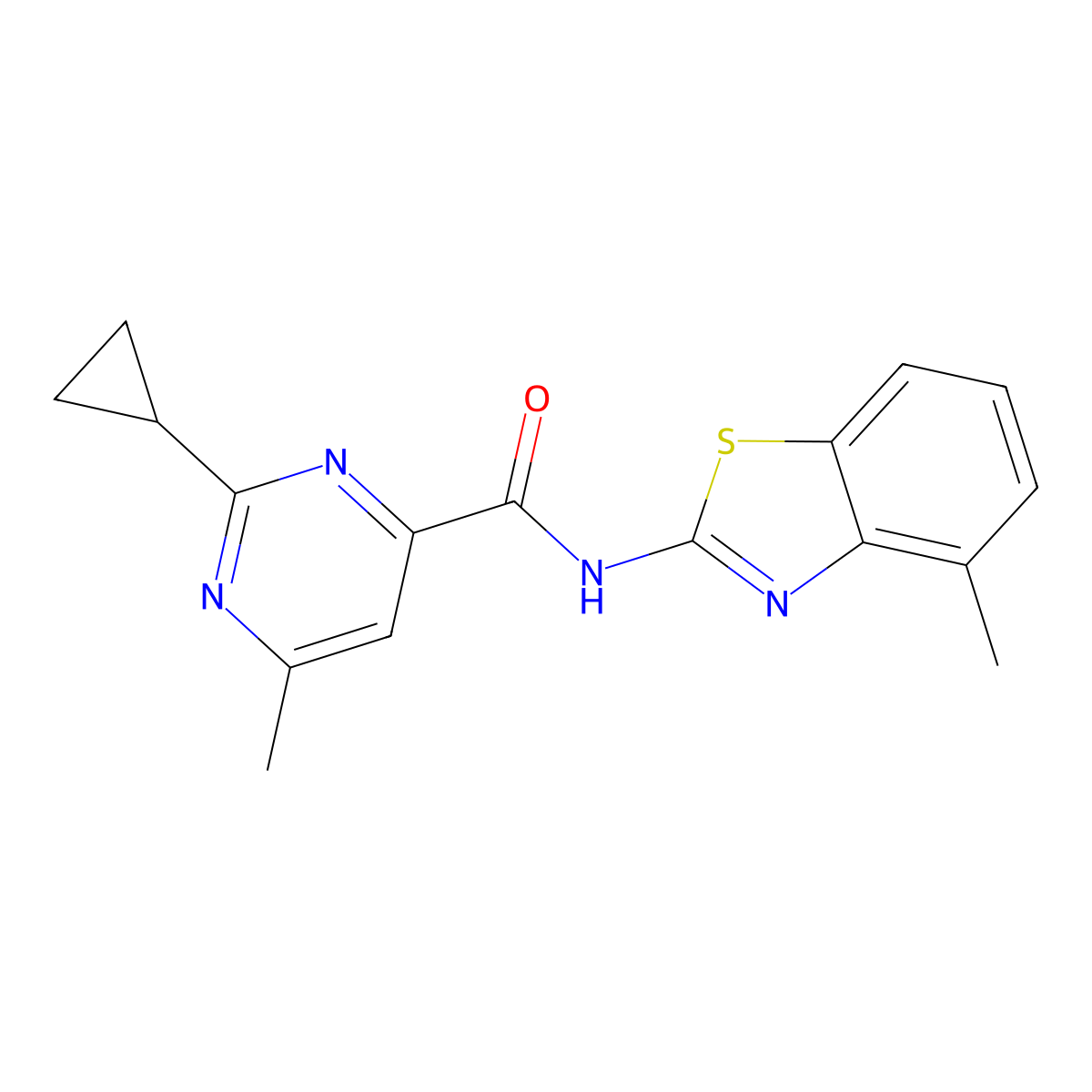 2-cyclopropyl-6-methyl-N-(4-methyl-1,3-benzothiazol-2-yl)pyrimidine-4-carboxamide molecular structure, CAS 2415509-16-7