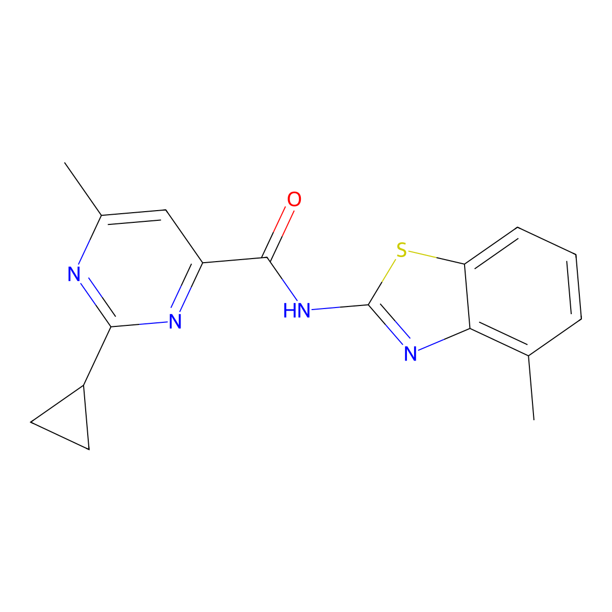 2-cyclopropyl-6-methyl-N-(4-methyl-1,3-benzothiazol-2-yl)pyrimidine-4-carboxamide molecular structure, CAS 2415509-16-7