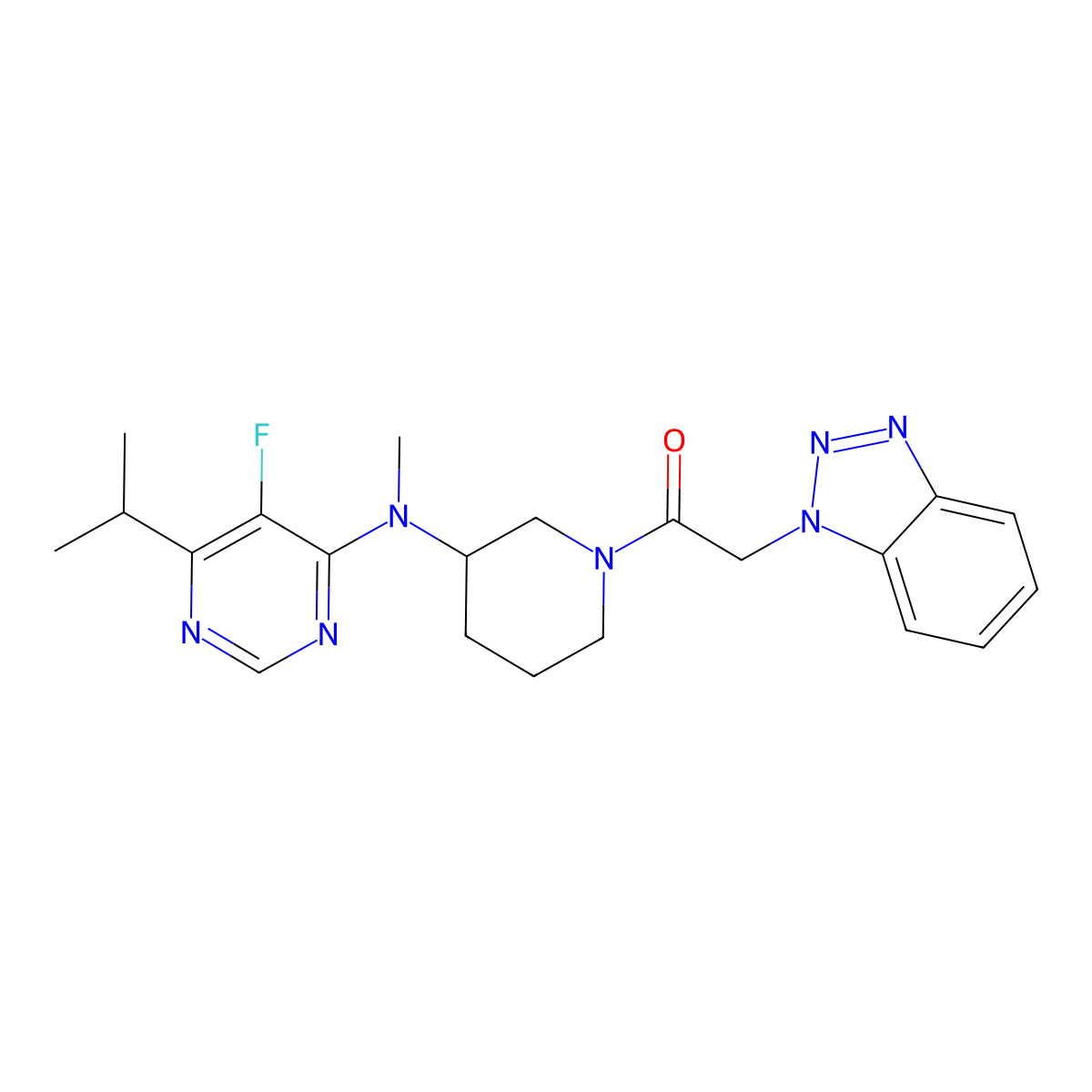 2-(1H-1,2,3-benzotriazol-1-yl)-1-(3-{[5-fluoro-6-(propan-2-yl)pyrimidin-4-yl](methyl)amino}piperidin-1-yl)ethan-1-one molecular structure, CAS 2415509-21-4